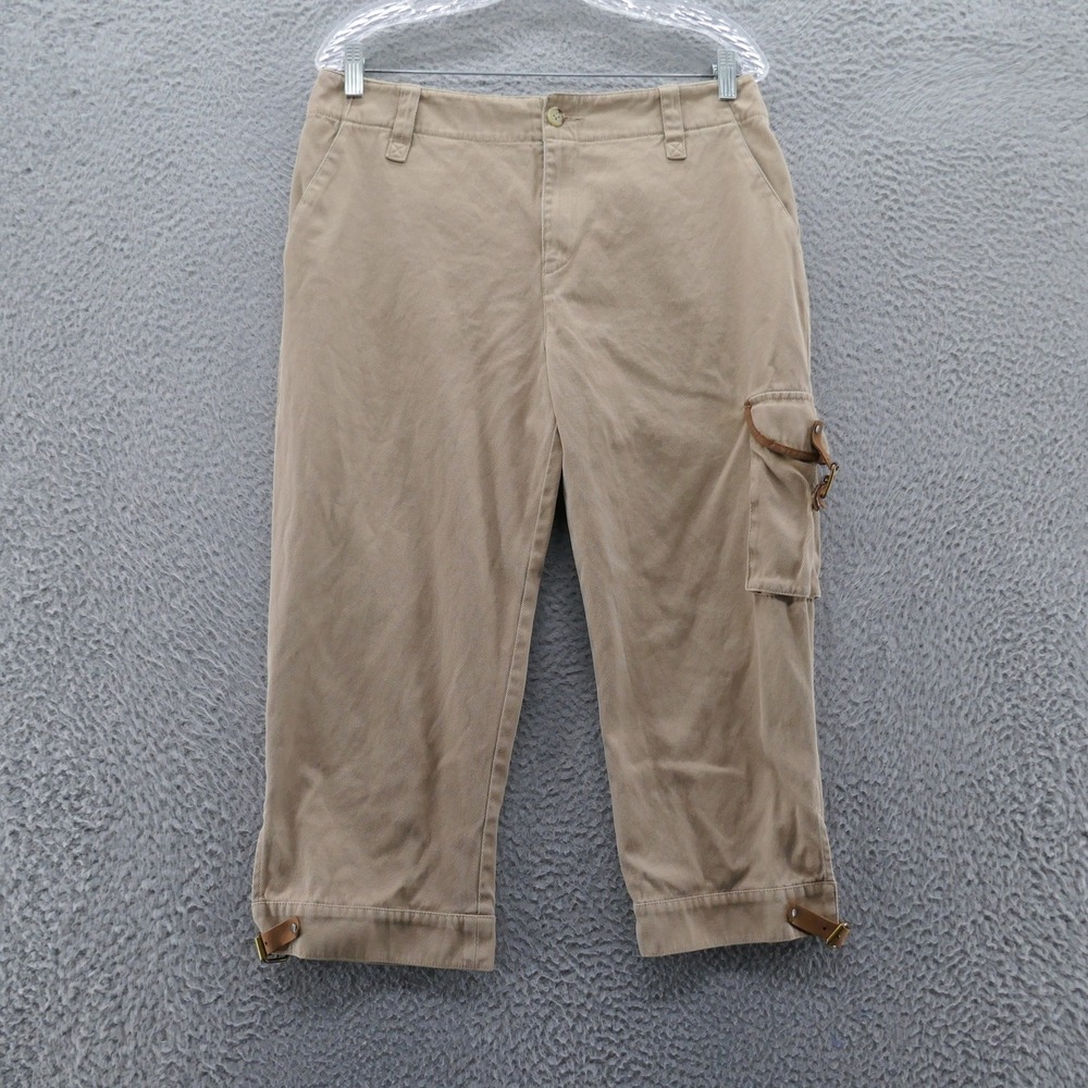 Ralph Lauren Khaki Cargo Capri Pants Leather Trim Women 10 LRL Equestrian